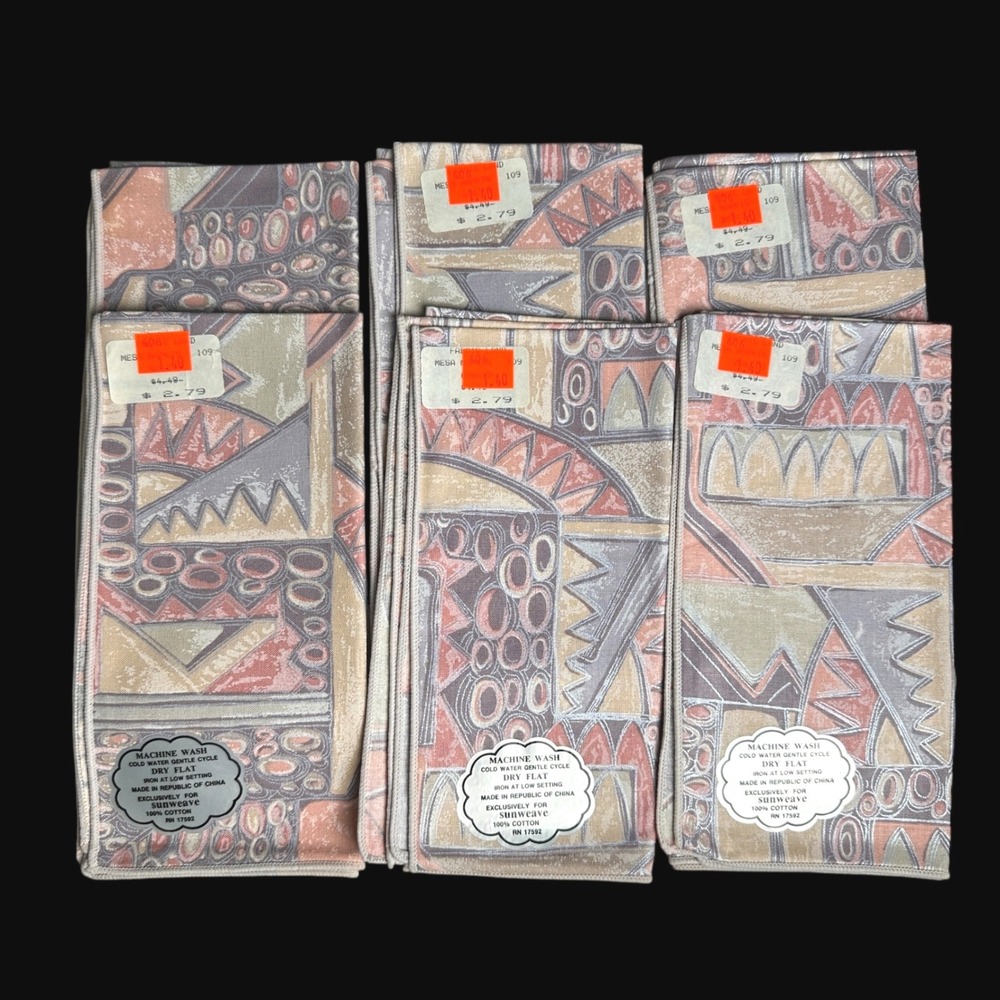 Vintage Sunweave Cotton Napkins Set of 6 Abstract Geometric Metallic Silver Pink